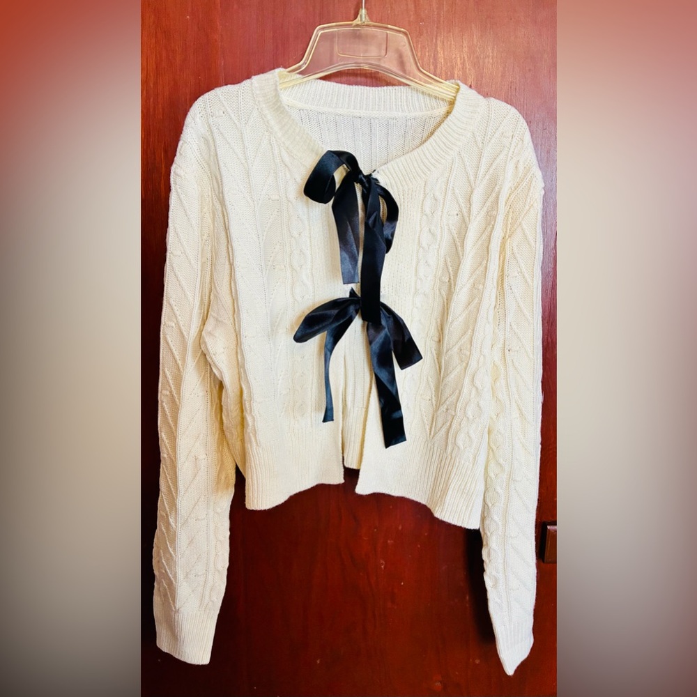 SHEIN Ivory Cardigan with Black Ribbon Detail